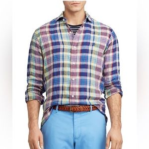 Polo Ralph Lauren Mens Large 100% Linen Colorful Plaid Button Up Shirt Blue Pink